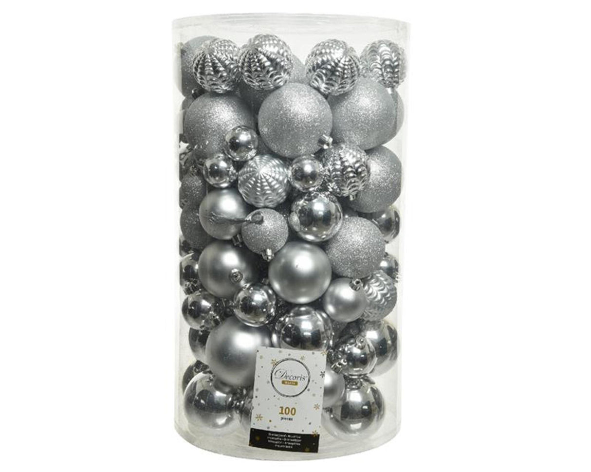 Decoris onbreekbare kerstballenmix van kunststof, koker van 100 stuks, zilver