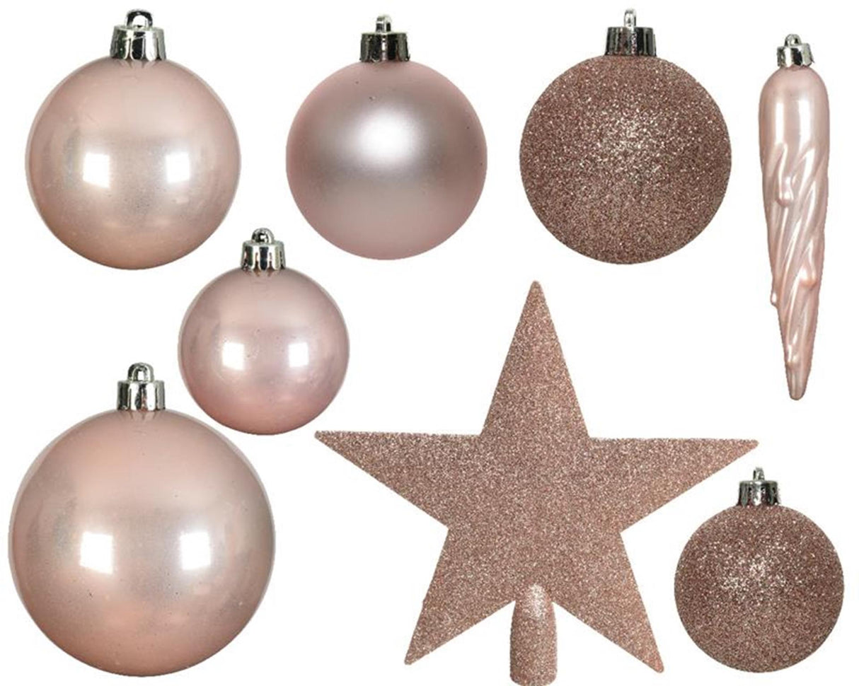 Decoris kerstballenset van kunststof roze box a 33 stuks