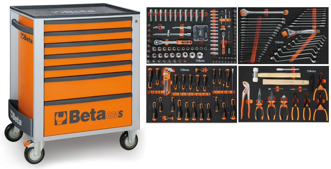 Beta -Werkzeugtrolley 7 Schubladen Orange inkl. 240-teiliges Sortiment