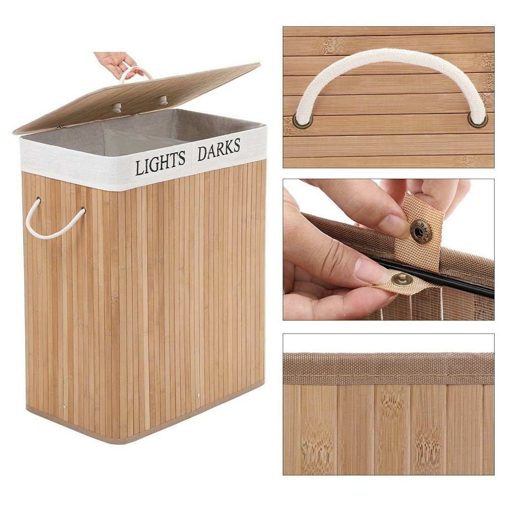 Homestyle Pro rechteckiger Bambus-Wäschekorb + Text 52x32x63 cm naturweiß