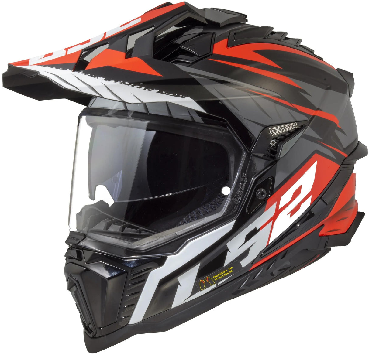 Ls2 Enduro-Helm MX701 Explorer Spire, Innenfutter, Rettungswangenpolster, mikrometrischer Verschluss, abnehmbares Helmoberteil, Vorbereitung für Helmkommunikation, Pinlock 70 Maxvision™. Helm mx701 explorer spire m bl. grau rot