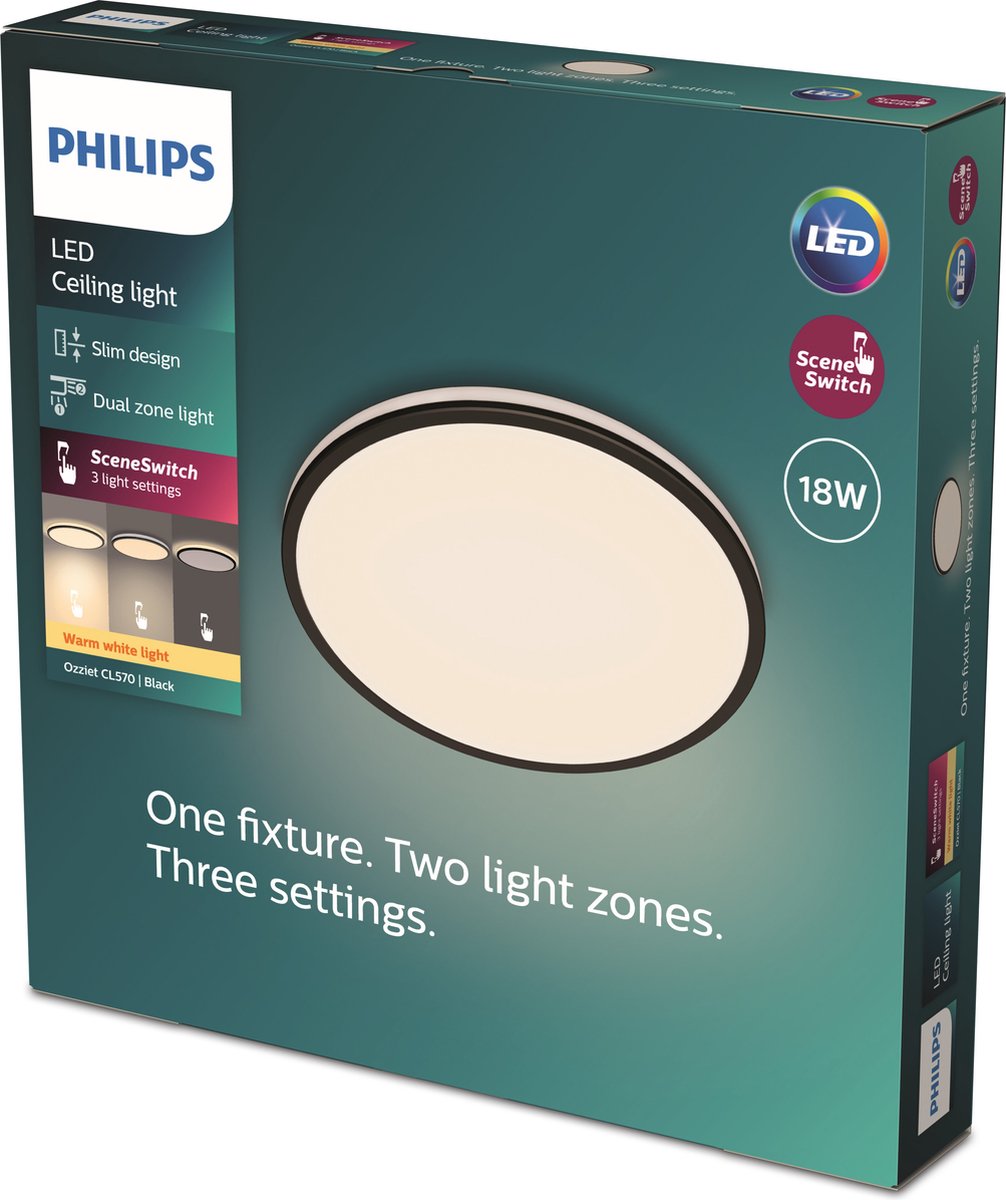 Philips led philips ozziet plafondlamp - rond - zwart - 18w 27k