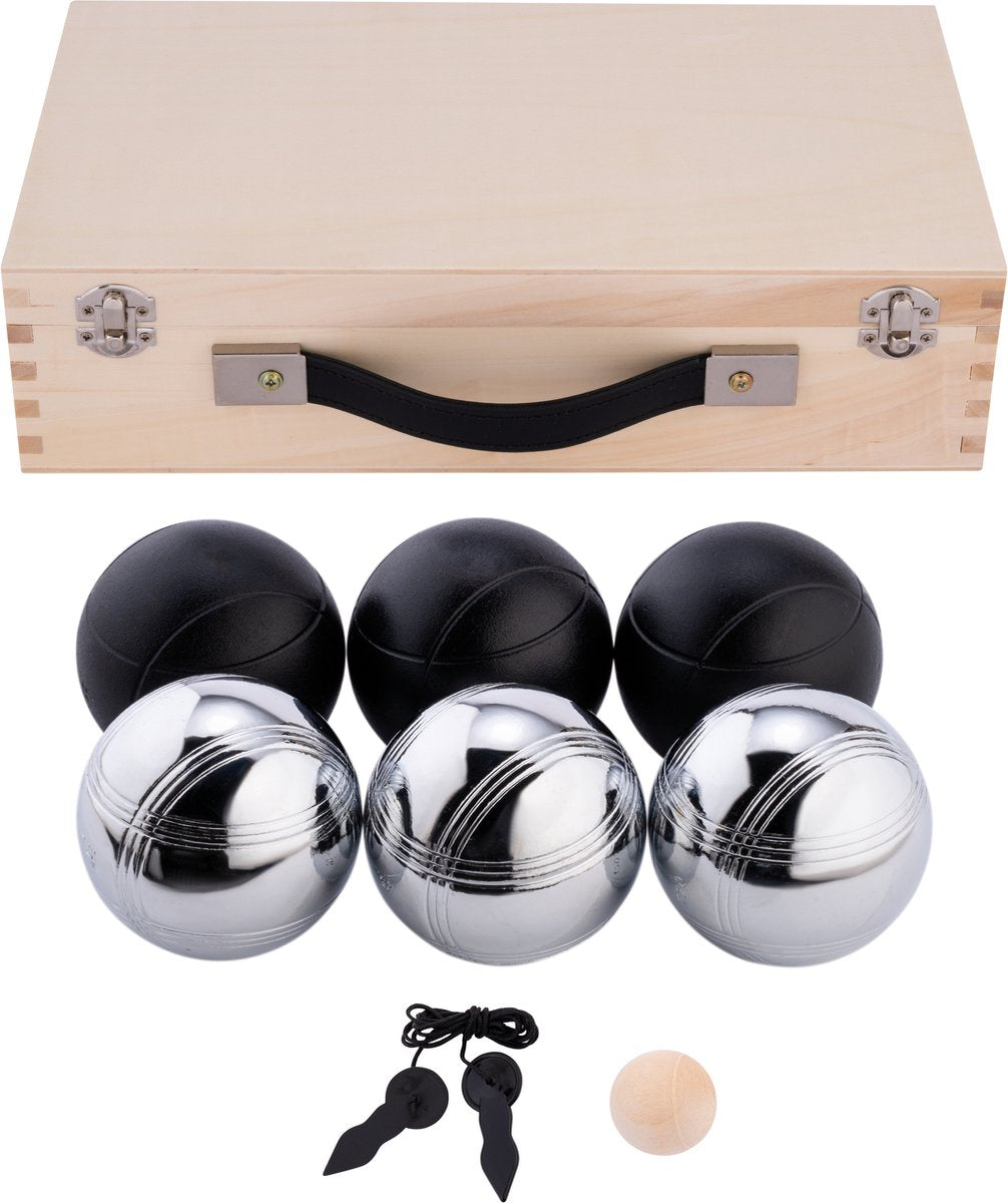 Engelhart Boule-Spiel aus Metall – 6 Kugeln in Holzbox – Schwarzgrau – Luxus-Set – Pétanque – Boule – Metallkugeln – passend für jeden Boule-Platz – Langfeld