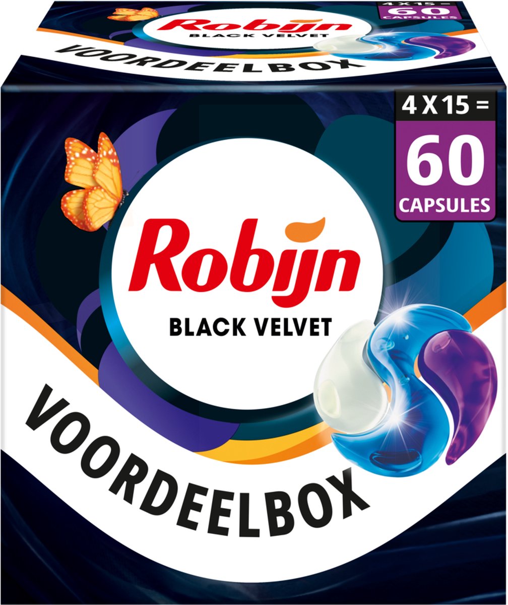 Robijn wasmiddel - 3-in-1 wascapsules - black velvet - 4 x 15 stuks - 60 wasbeurten - voordelverpakking