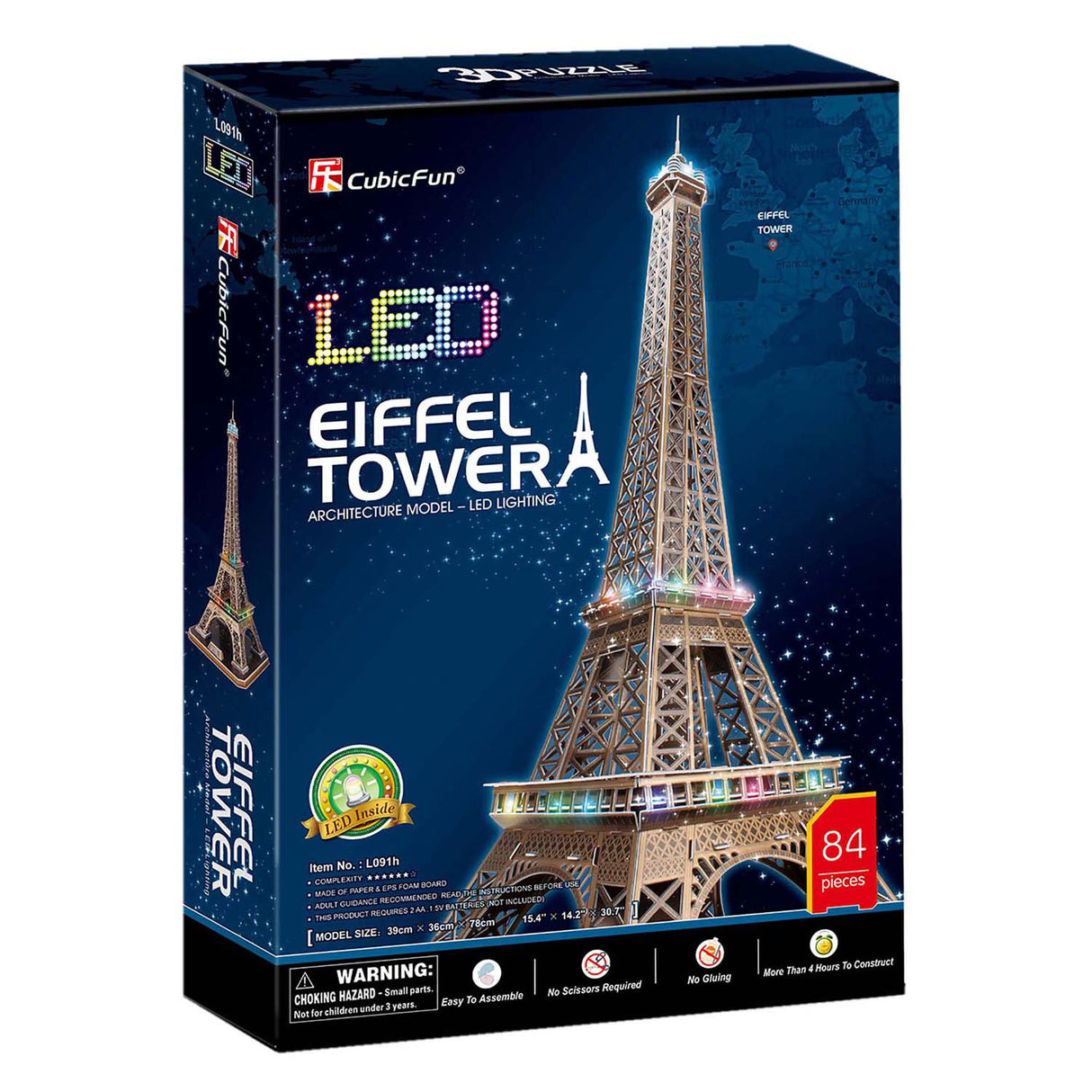 Kubisches lustiges 3D-Puzzle Eiffelturm mit LED-Beleuchtung