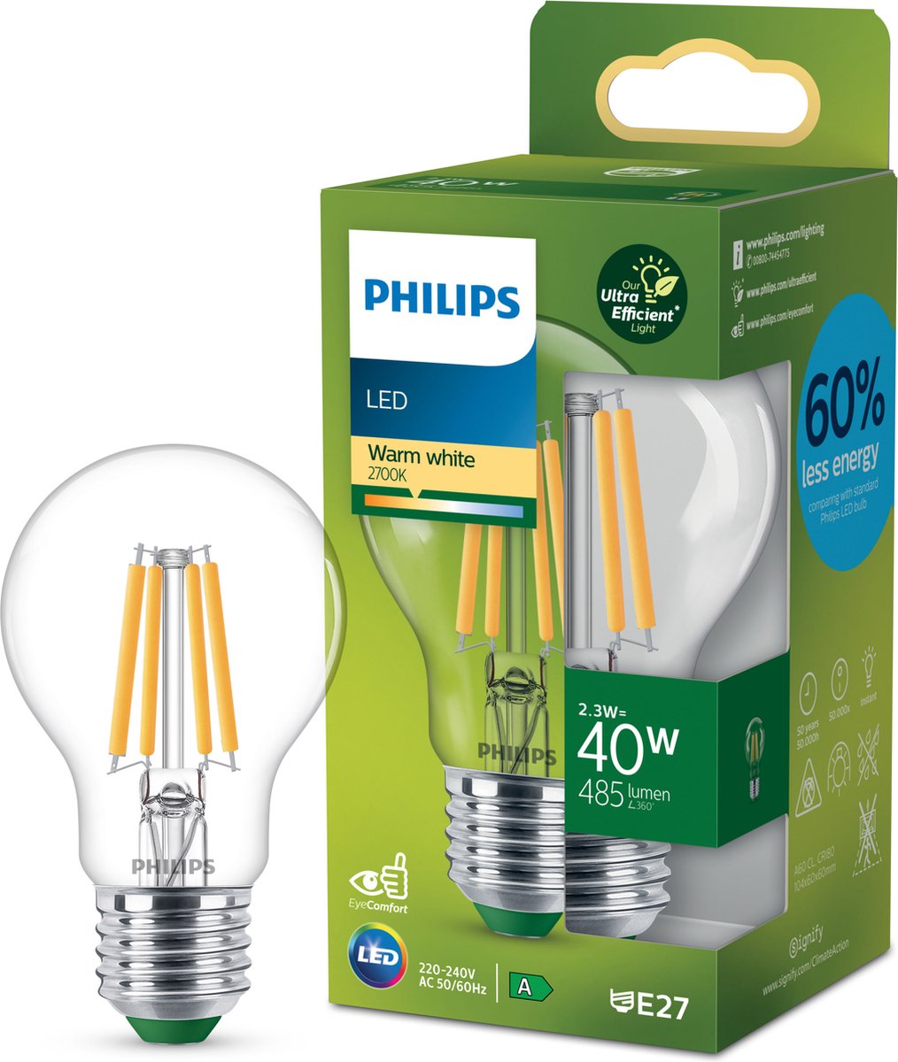 Philips led philips ultra efficient led lamp transparant - 60 w - e27 - warmwit licht