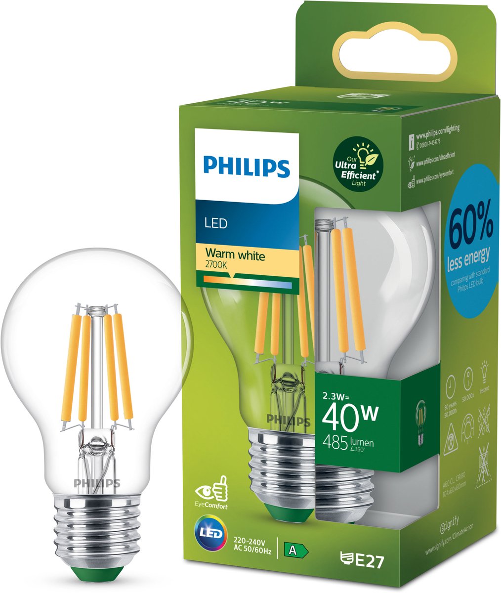 Philips led philips ultraefficient led lamp - transparant - 40w - e27 fitting - warmwit licht: 2700k - bespaar op energiekosten