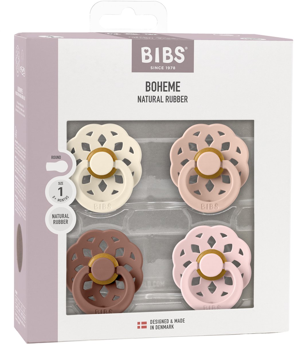 Bibs Boheme-Schnuller – rund – 4 Stück – 6–18 Monate – elfenbeinfarbene Waldmurmeltierblüte