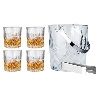 No-Brand-Whisky-Set aus Glas mit 4 Gläsern, Eiskübel und Eiszange