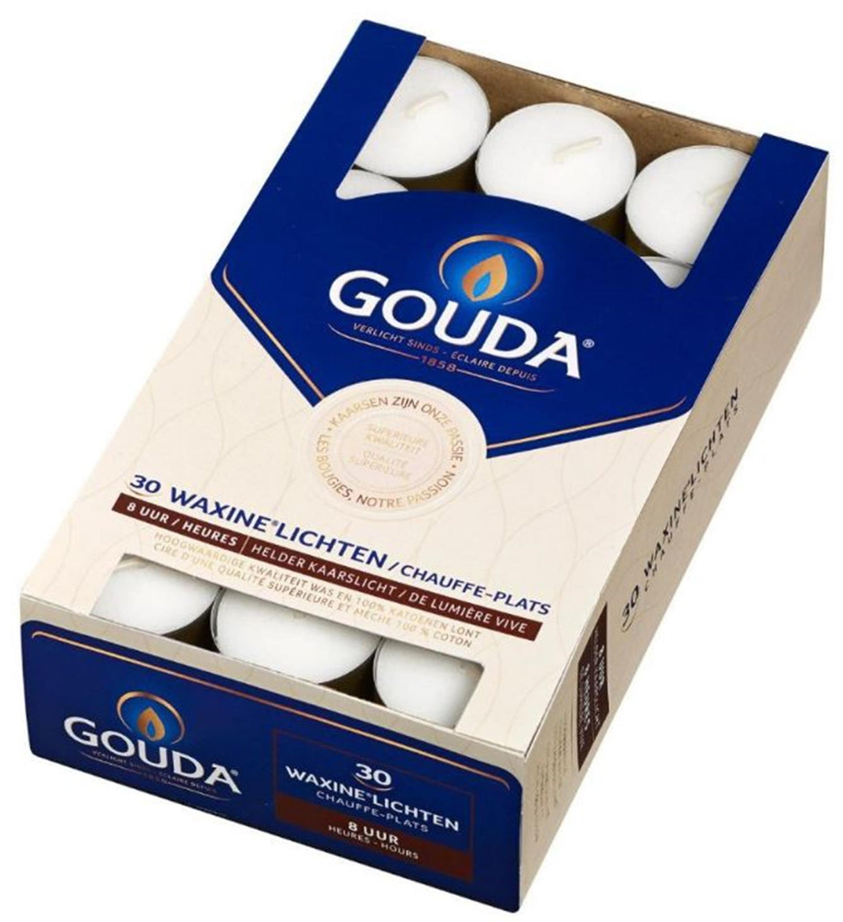 Gouda Teelichter 30 Stück, 8 Brennstunden, weiß