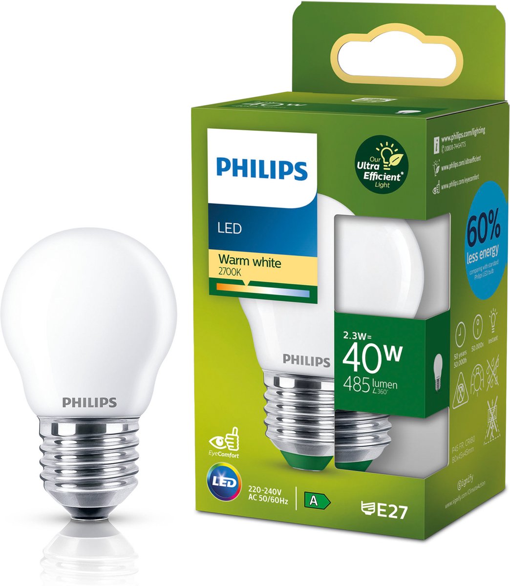 Philips led philips ultra efficient led - kogellamp - mat - 40w - e27 fitting - dimbaar warmwit licht - energielabel a