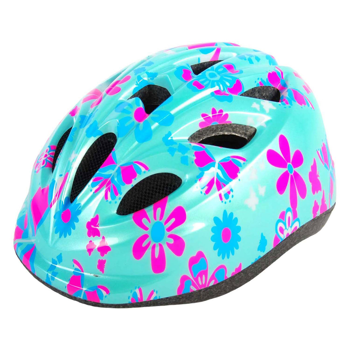 Volare Kinderfahrradhelm – XS – blaue rosa Blumen – 47–51 cm – extra kleines Modell