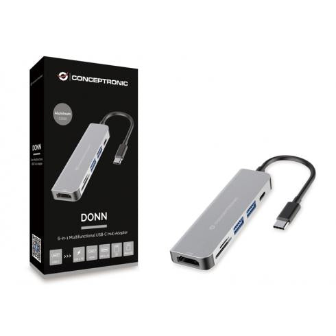 Conceptronic donn02g 6-in-1 multifunktionaler USB-Hub-Adapter, USB 3.2 Gen 1 Typ-C, HDMI, 5 Gbit/s, Aluminium