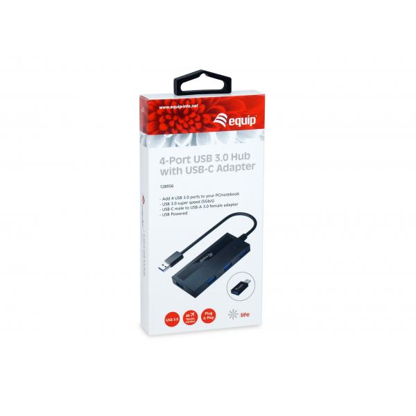 Equip 128956 4-Port-USB-3.0-Hub mit USB-C-Adapter, USB 3.2 Gen 1 Typ-A, 5000 Mbit/s, Schwarz