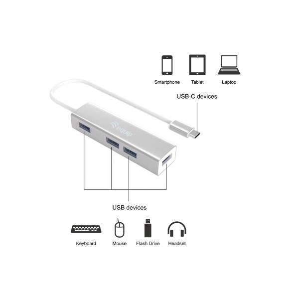 Equip 128958 USB-C-zu-4-Port-USB-3.0-Hubs, USB 3.2 Gen 1 Typ-C, Typ-A, 5000 Mbit/s, Silber