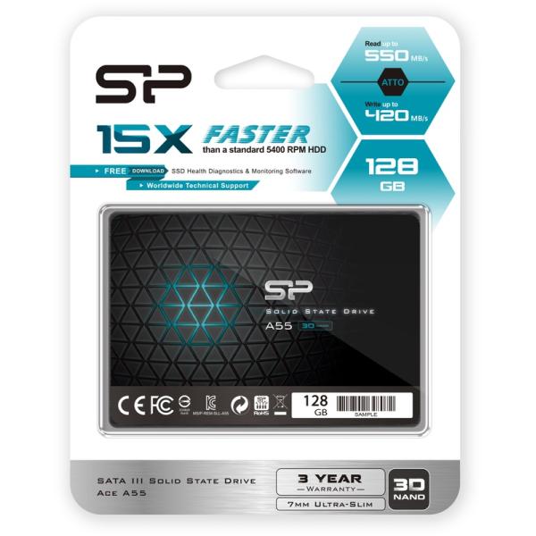 Silicon Power SP128GBSS3A55S25 Ace A55 SSD, 128 GB, 7 mm, 2,5 Zoll, SATA3, 3D NAND, SLC-Cache