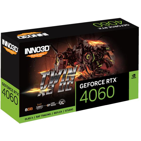 Inno3d inno3d n40602-08d6x-173051n geforce rtx 4060 twin x2 oc, 8 GB GDDR6, 128-bit, 2490, 17 Gbit/s, 3xDP+HDMI