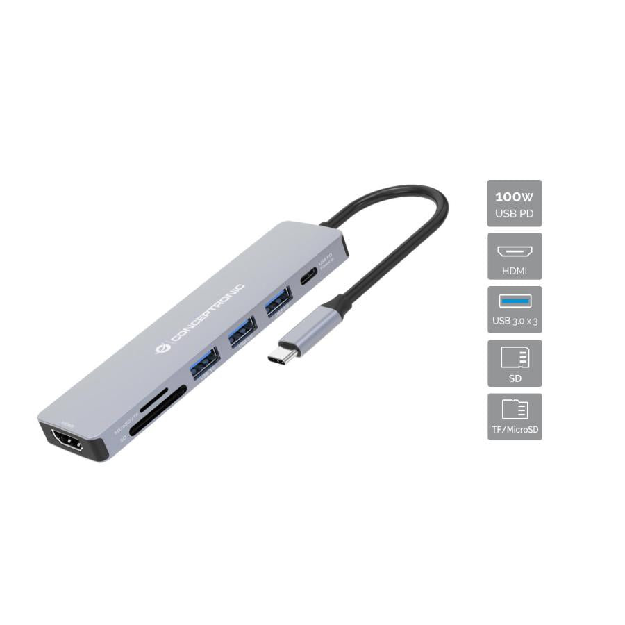 Conceptronic donn19g 7-in-1 USB 3.2 Gen 1 Dockingstation, HDMI, USB-A 3.0 x 3, SD, TF microSD, 100 W