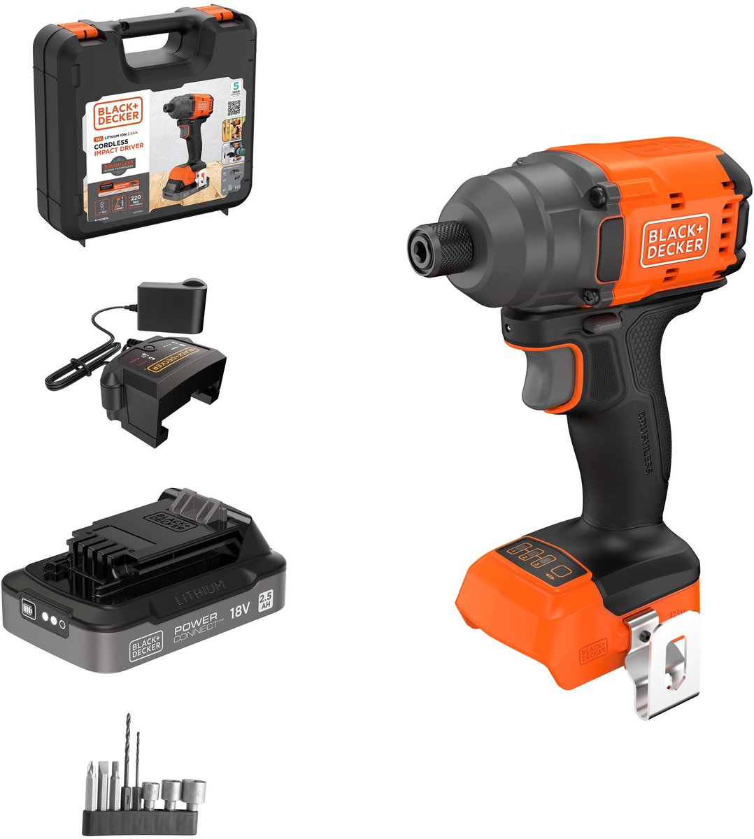 Bürstenloser 18-V-Schlagschrauber von Black+Decker mit Bits im Koffer, inklusive 2,5-Ah-Akku und Ladegerät – blim78e1k-qw
