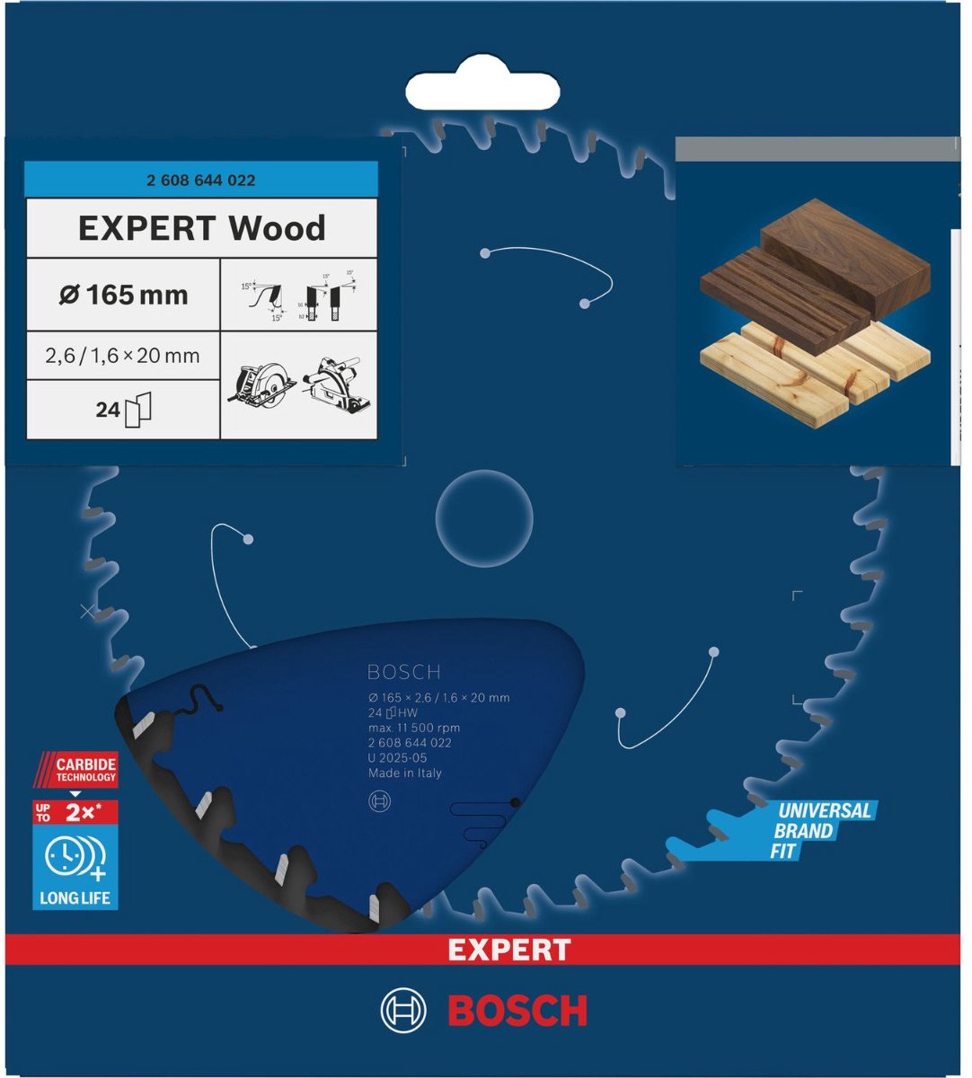 Bosch Kreissägeblatt – Expert Wood – 165 x 20 x 2,6 mm – T24 – 2608644022