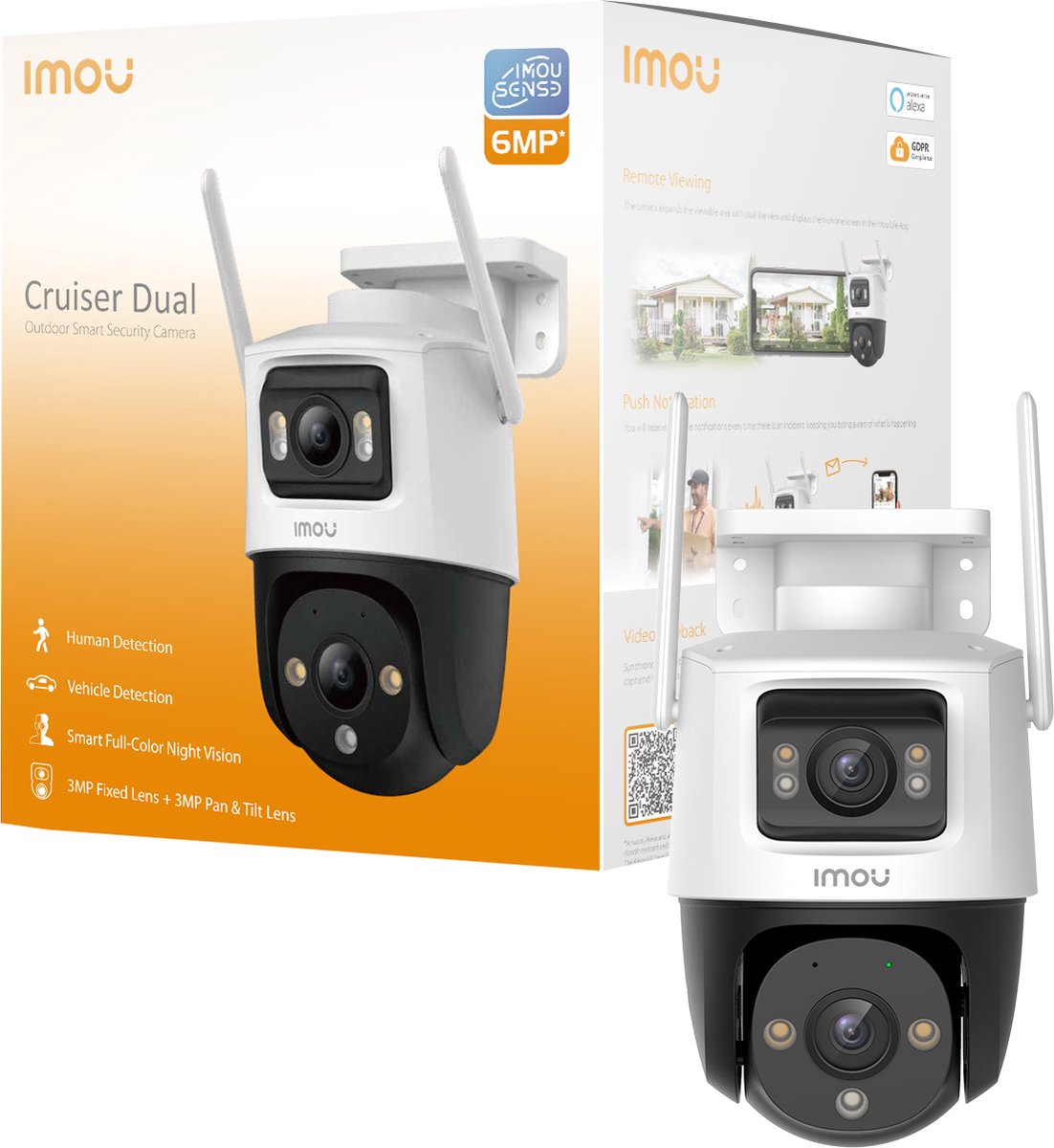 Imou Cruiser Dual 6 MP – Überwachungskamera für den Außenbereich – Weiß – Kamera mit zwei Objektiven (2 x 3 MP) – 360°-Abdeckung – genaue Personen- und Fahrzeugerkennung – mit Farbnachtsicht – Sirene – IP66 wetterfest