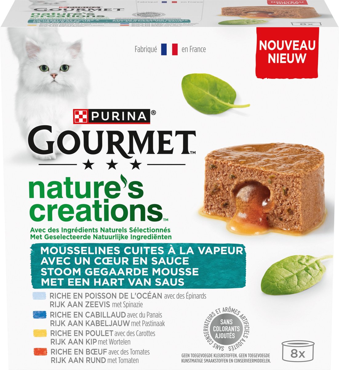 Gourmet Nature's Creations Mousse – Katzenfutter Nassfutter – Herz aus Soße – Huhn, Rind, Kabeljau, Seefisch – 48 x 85 g