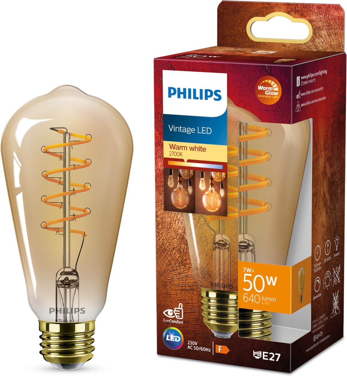 Philips led philips deco led - warmglow - 50w - e27 fitting - st64 edison lampvorm - amberkleurige lamp