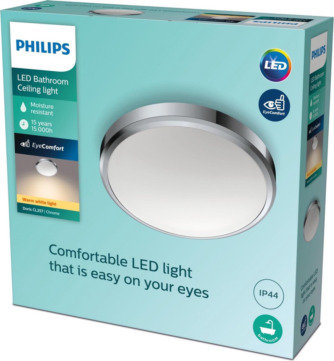 Philips led philips doris badkamerplafonnière - chroom - groot - 17 w