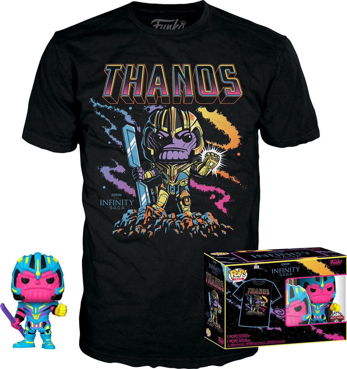 Marvel Funko The Avengers Sammelfiguren-T-Shirt-Set -S- Pop! Teebox Thanos Blacklight Schwarz