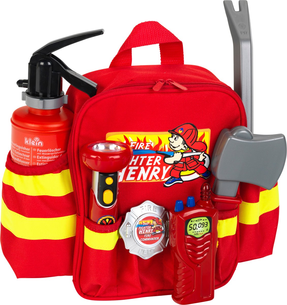 Klein Toys Feuerwehrrucksack - 28x25x8,5 cm - inkl. Zubehör, verstellbare Träger und eine große Öffnung zum einfachen Packen und Aufbewahren – rot gelb