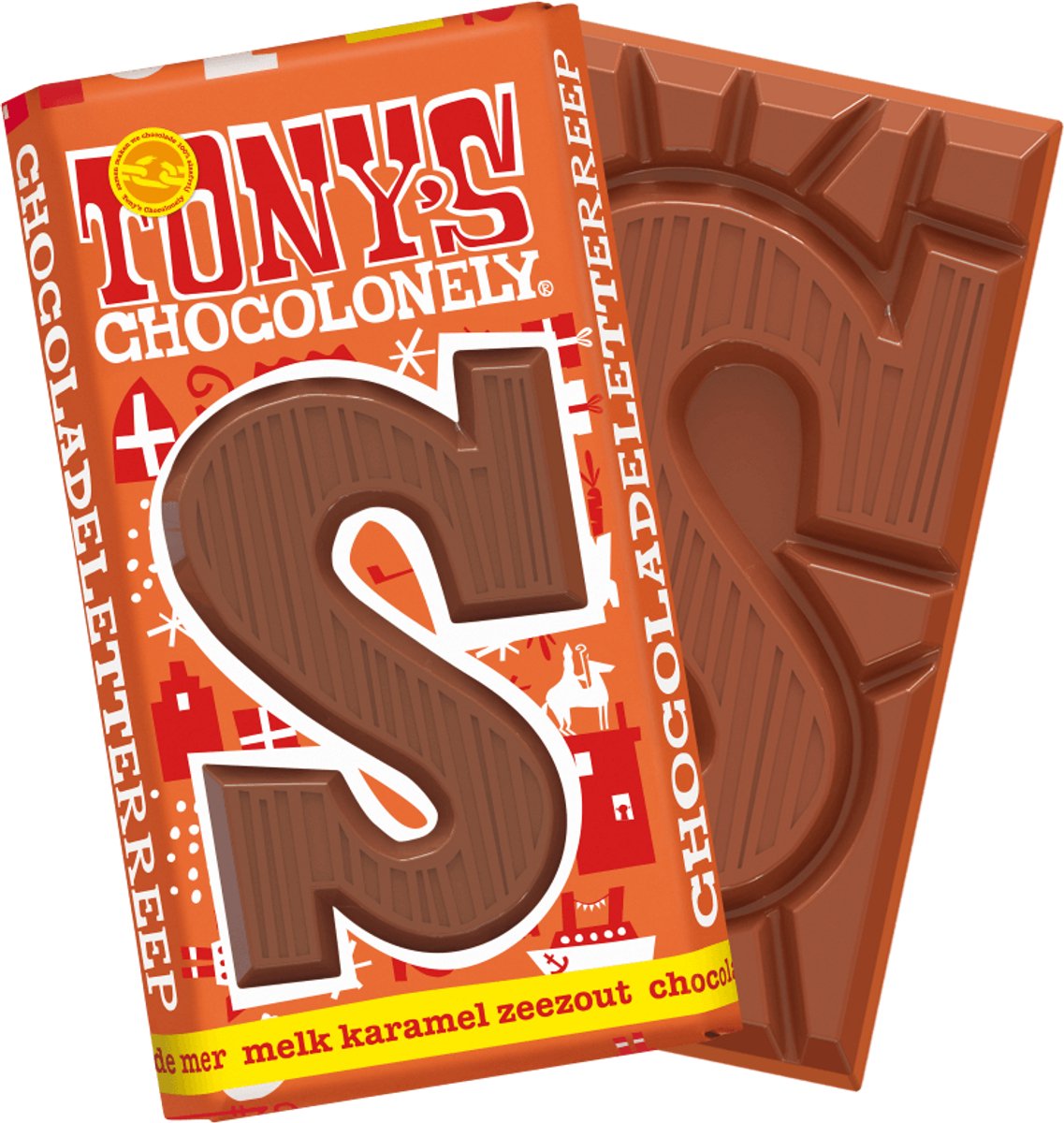 Tony's chocolonely - chocoladeletter - melk karamel zeezout - sinterklaas - schoencadeautjes - sint cadeau - 180 gram - fairtrade belgische chocola