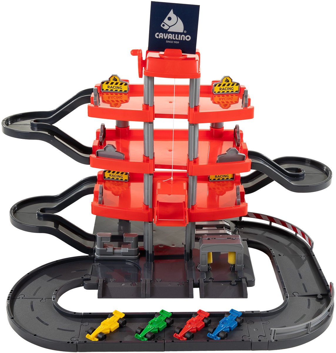 Cavallino Racing Parkhaus rot mit 4 Stockwerken und Autos spielen Set