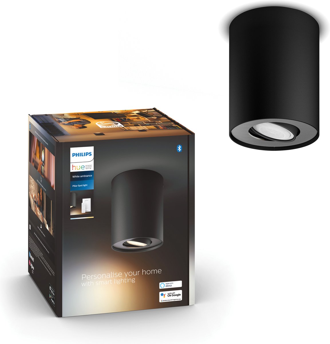 Philips hue pillar opbouwspot - warm- tot koelwit licht - 1 spot - zwart - 1 dimmer switch - gu10