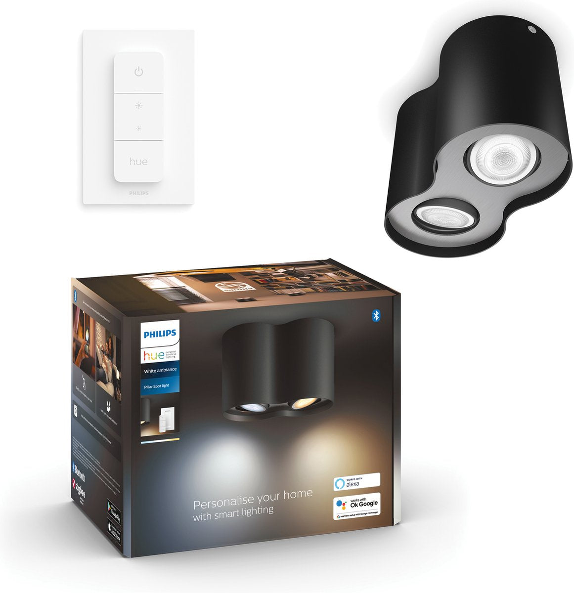 Philips hue pillar opbouwspot - warm- tot koelwit licht - 2 spots - zwart - 1 dimmer switch - gu10