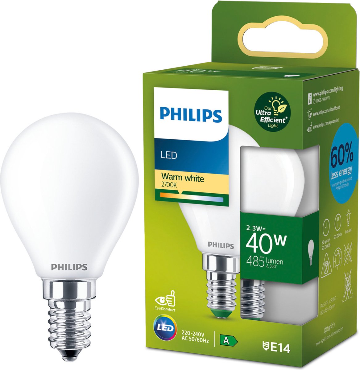 Philips led philips ultra efficient led - kogellamp - mat - 40w - e14 fitting - warmwit licht - energielabel a