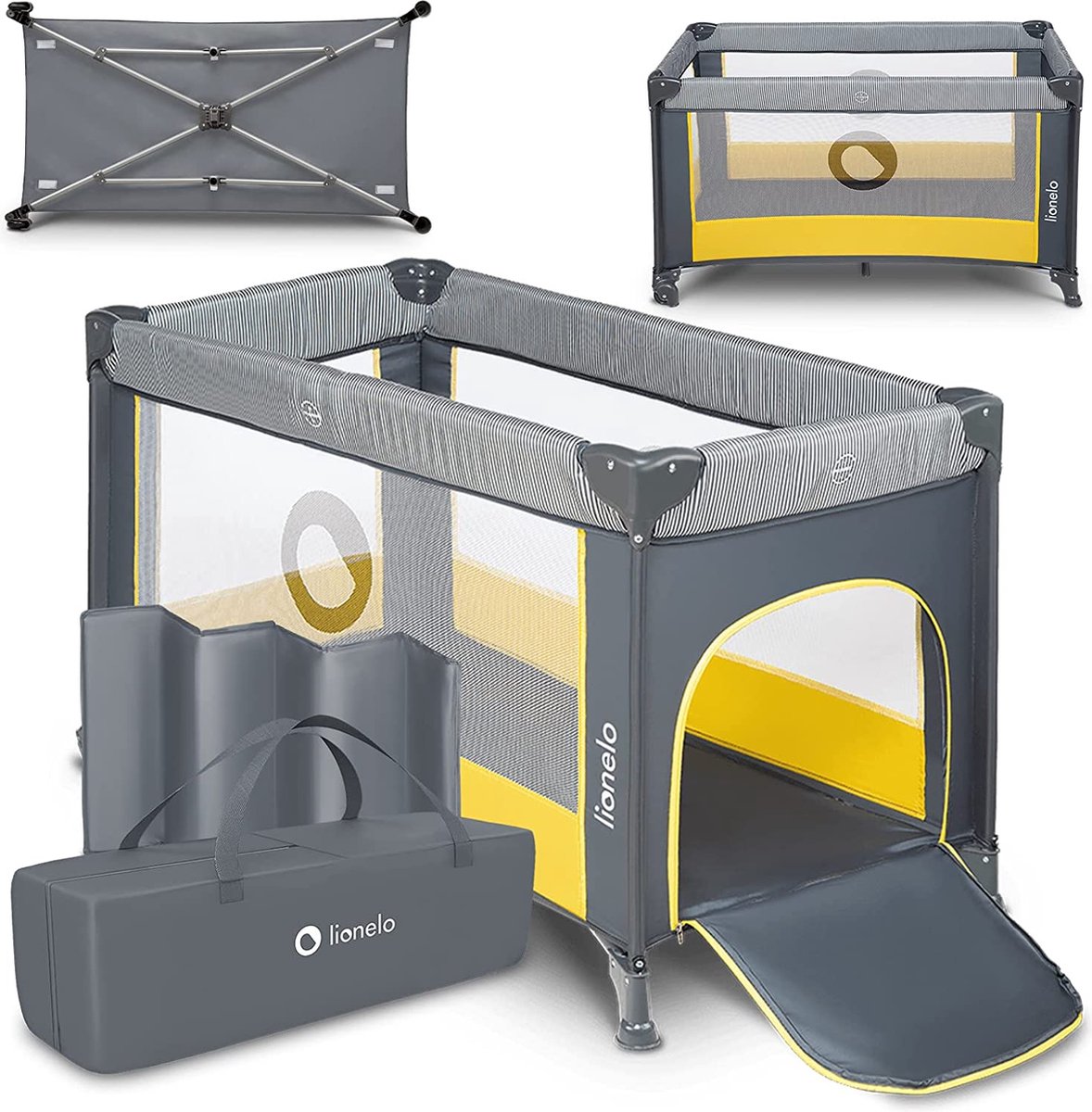 Lionelo Campingbett 3 in 1 – Babybett, zusammenklappbarer Laufstall, Reisebett – 60 x 120 cm – 0–36 Monate bis 15 kg – mit Komfortmatratze – Seiteneingang mit Reißverschluss – Rollen – Transporttasche – Stefi-Babybett, Babybox, Kinderbett
