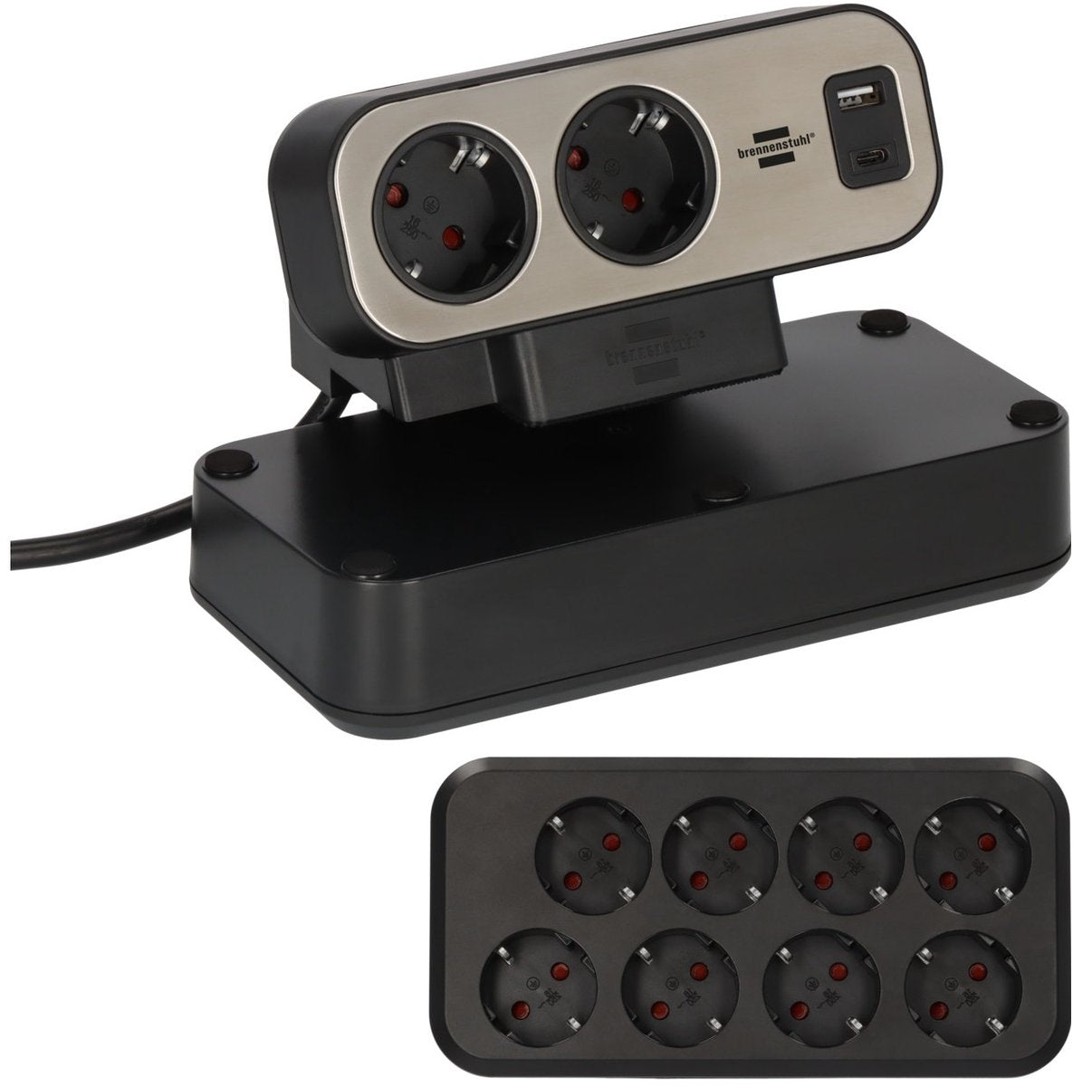 Brennerstuhl brennerstuhl®estilo Duplex-Steckdose, 1x USB C, 1x USB A, 10x Schutzkontaktsteckdosen, Silber Schwarz - 1153580200