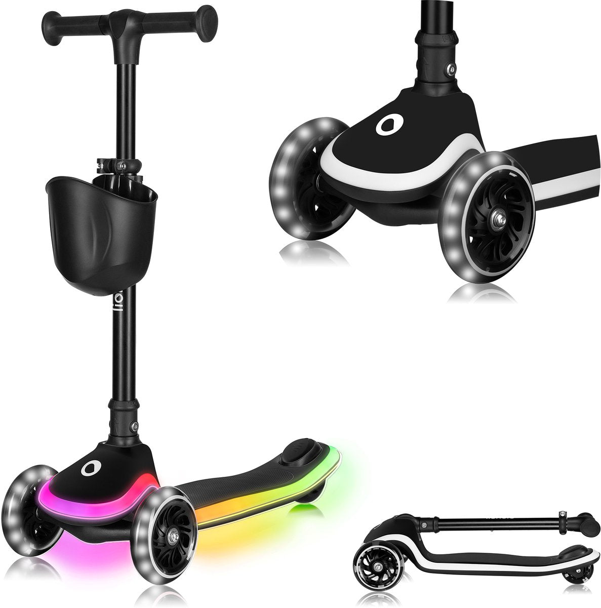 Lionelo Mey Kinderroller – LED-Beleuchtung in Rädern, Fußplattform – klappbarer Lenker – rutschfestes Deck – Korb – ABEC-7-Lager – 4 Höhenpositionen – bis 50 kg – ab 3 Jahren – ergonomisch – Bremse – sofort einsatzbereit