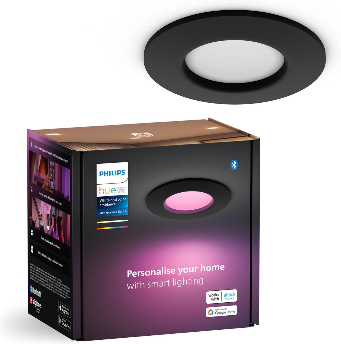 Philips hue inbouwspot dun - wit en gekleurd licht - ø90mm - zwart