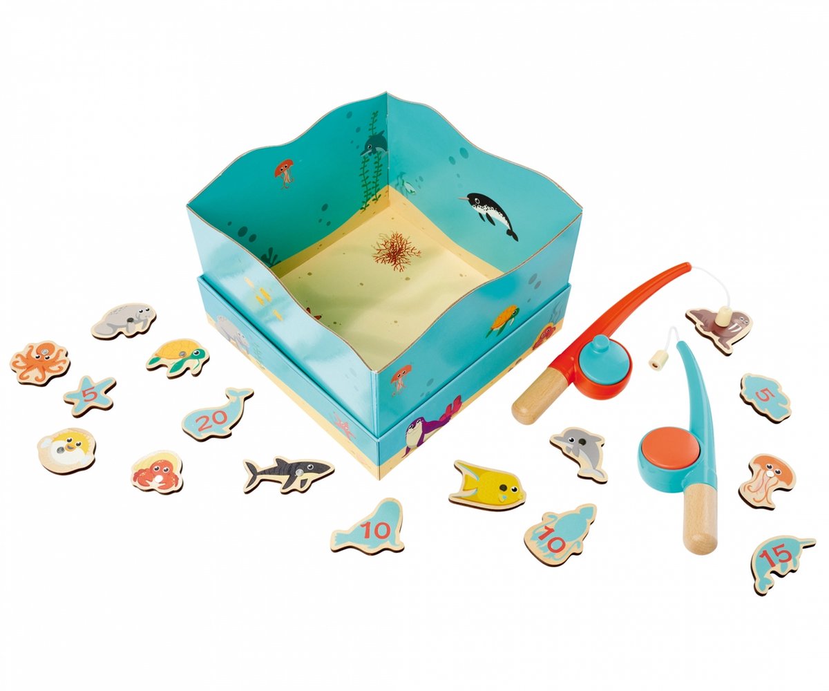 Simba Angelspiel aus Holz, Lernspielzeug, Aquarium, Magnet-Angelrute, 19-teilig.