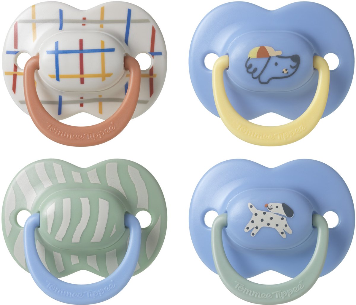 Tommee Tippee Ultimate Fit Schnuller – 6–18 Monate – 4 Stück – kieferorthopädischer symmetrischer Schnuller für Babys – 100 % BPA-freies Silikon – blaue Deko