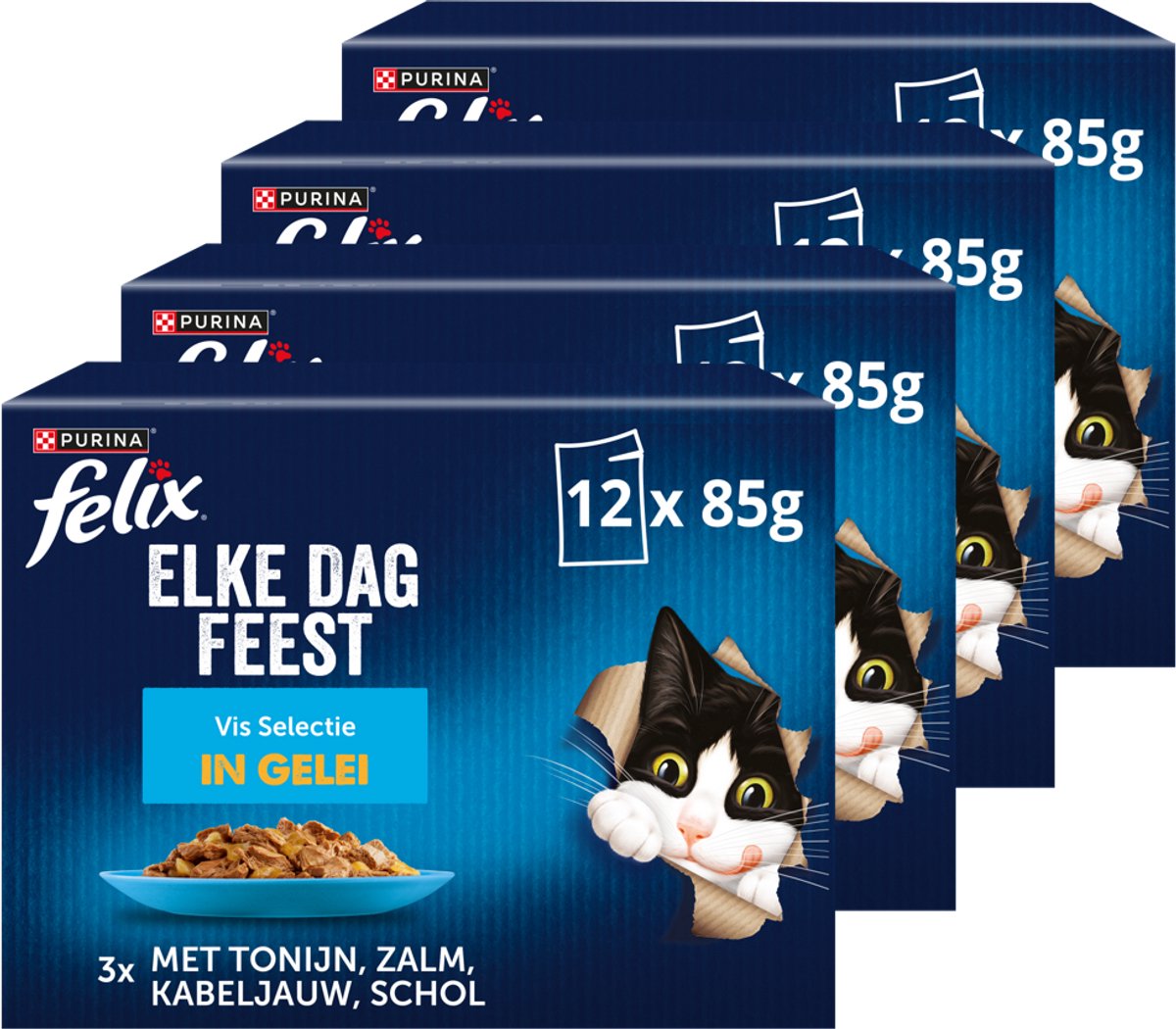 Felix Every Day Party Fischauswahl in Gelee – Katzenfutter Nassfutter – Thunfisch Lachs Kabeljau Scholle – 48 x 85 g