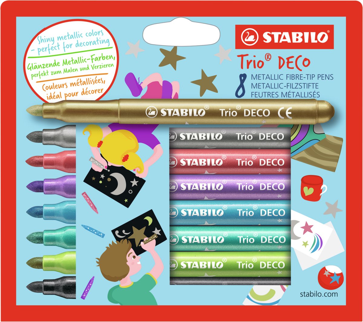 Stabilo Trio Deco – Metallic-Filzstift – mit extra dicker Spitze 3,0 mm – Etui mit 8 Farben