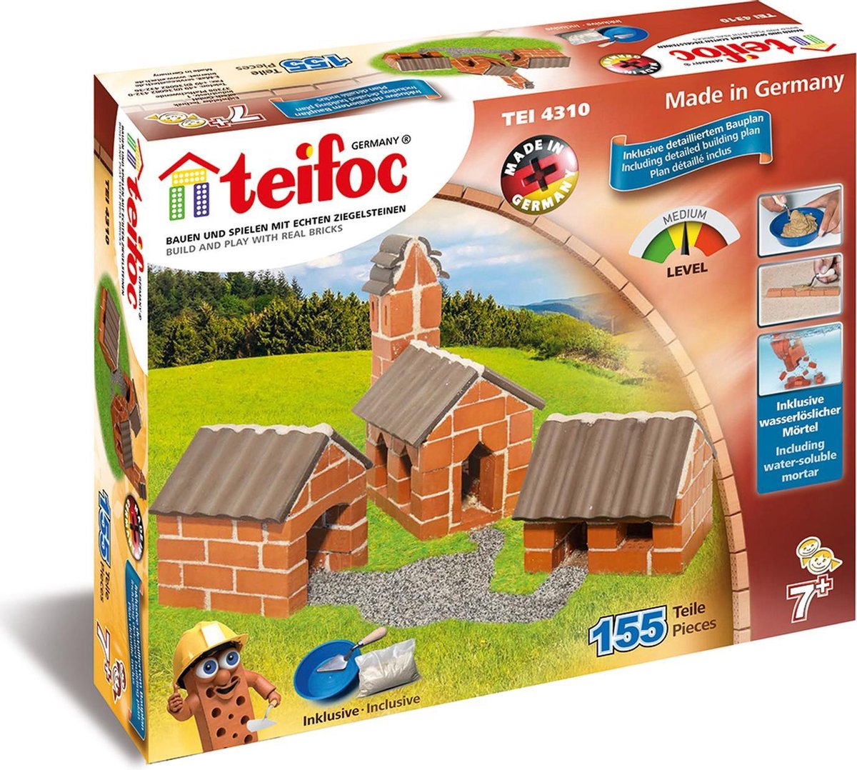 Teifoc® Baukasten – Dorf – 155 Teile – echte Mini-Steine mit Zement, Schüssel und Kelle – Bausatz für Kinder ab 6 Jahren