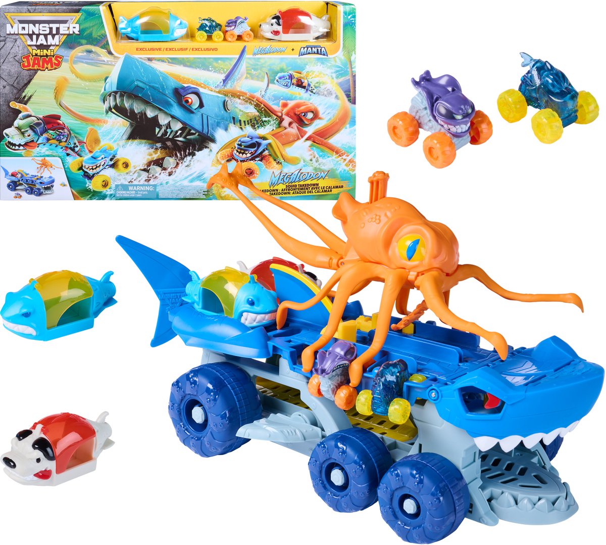 Spin master monster jam - mini jams megalodon squid takedown speelset met exclusieve megalodon en monster manta mini monster trucks - lanceeractie speelset - vanaf 3 jaar