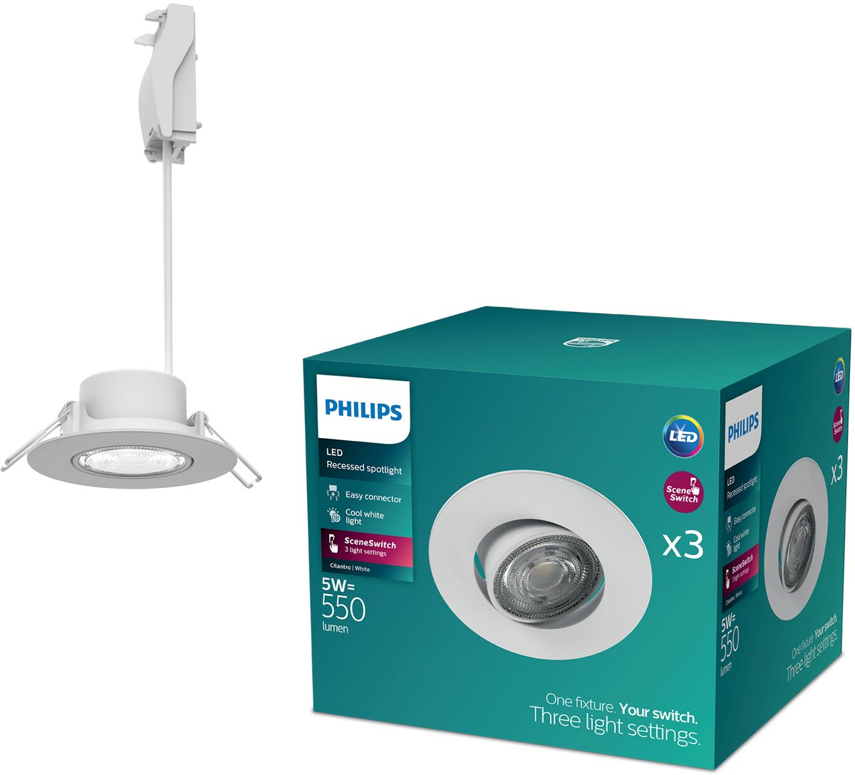 Philips led philips cilantro inbouwspot - sceneswitch lichttechnologie - 5w - koelwit licht: 4000k - wit - 3-pack