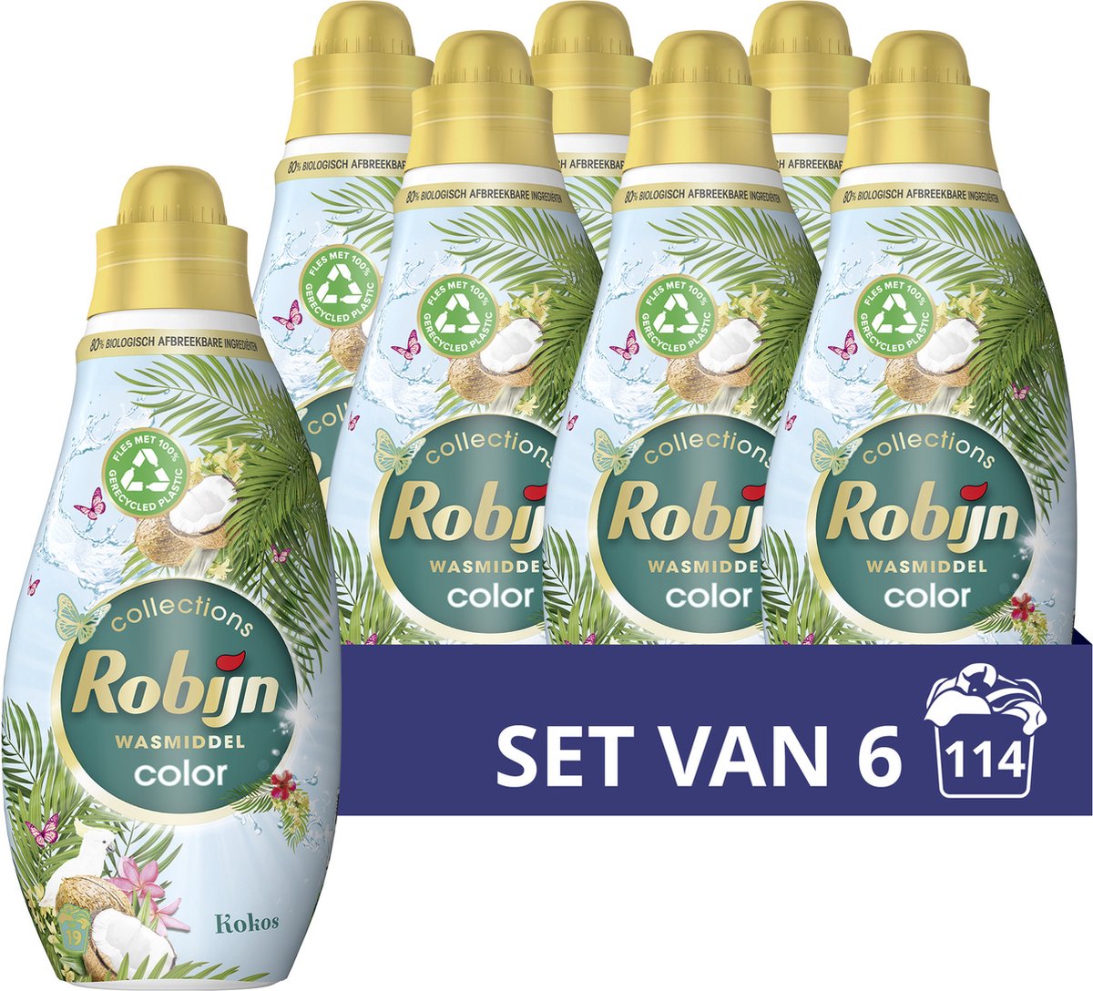 Robijn - vloeibaar wasmiddel -klein krachtig - kokos - 6 flessen - 114 wasbeurten - voordeelverpakking