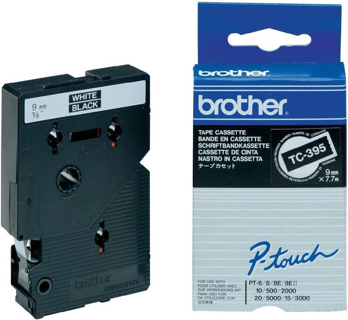 Brother p-touch tc-395 weiß auf schwarz 9 mm