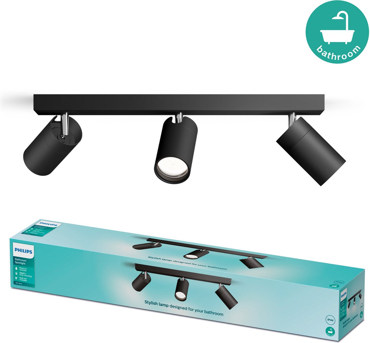 Philips led philips idris spot - spatwaterdicht ip44 - 5w - zwart - badkamerlamp - drie lichtpunten - alleen geschikt voor led spots