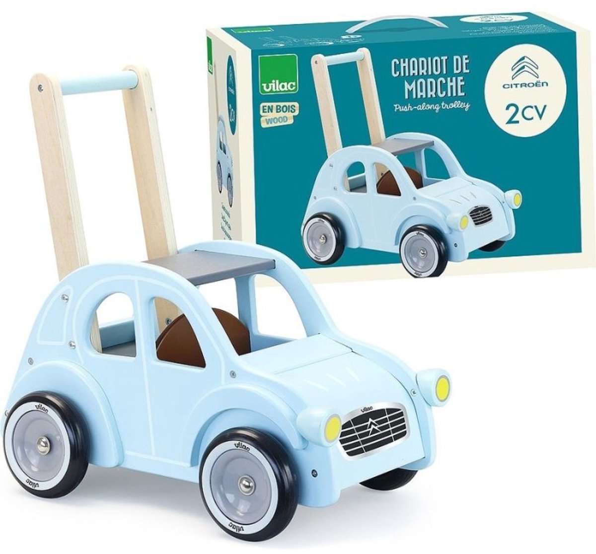 Vilac hölzerner Lauflernwagen Citroën 2CV retroblaues Kleinkindspielzeug.